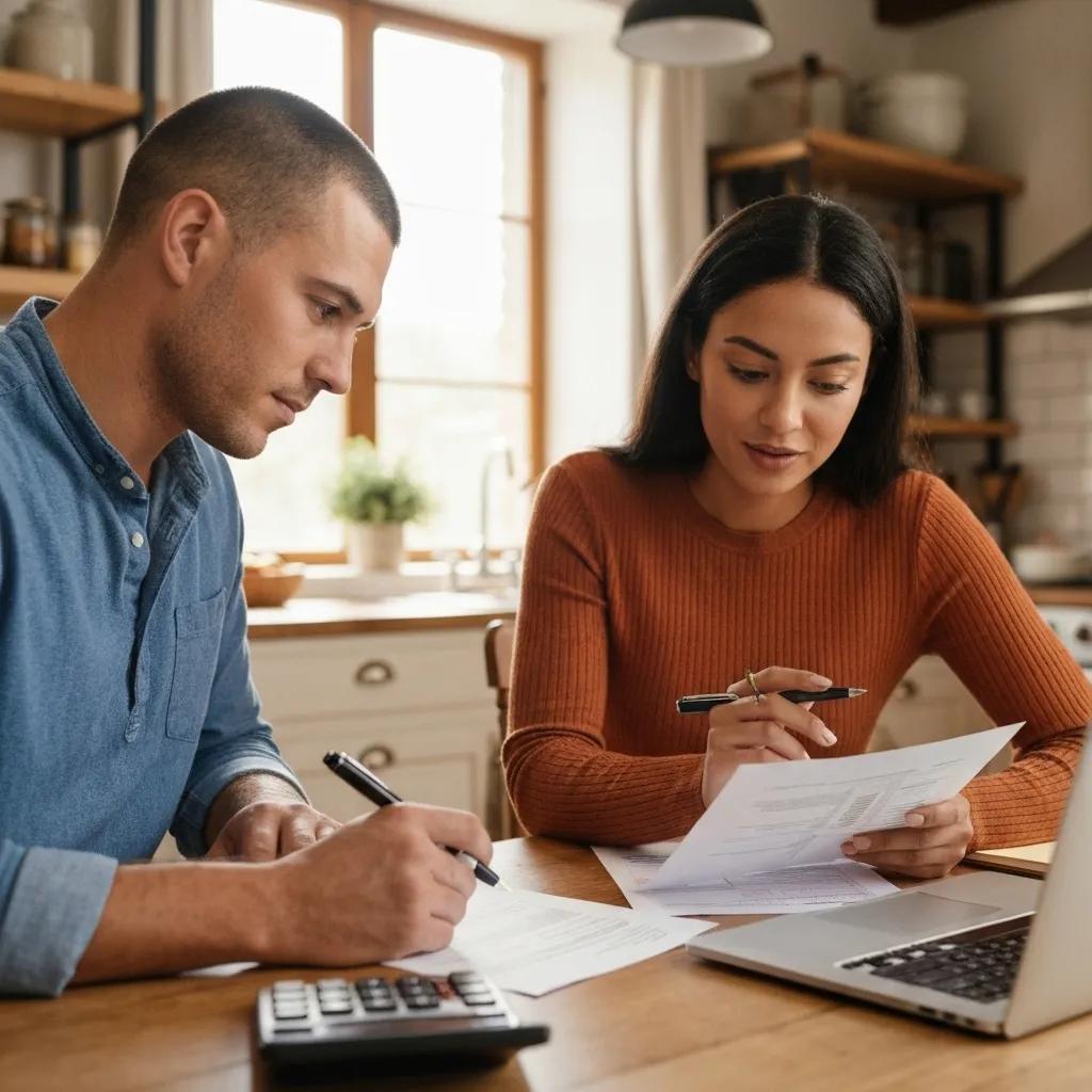 Young Vancouver, BC couple reviewing financial documents and budgeting for term life insurance costs at a kitchen table