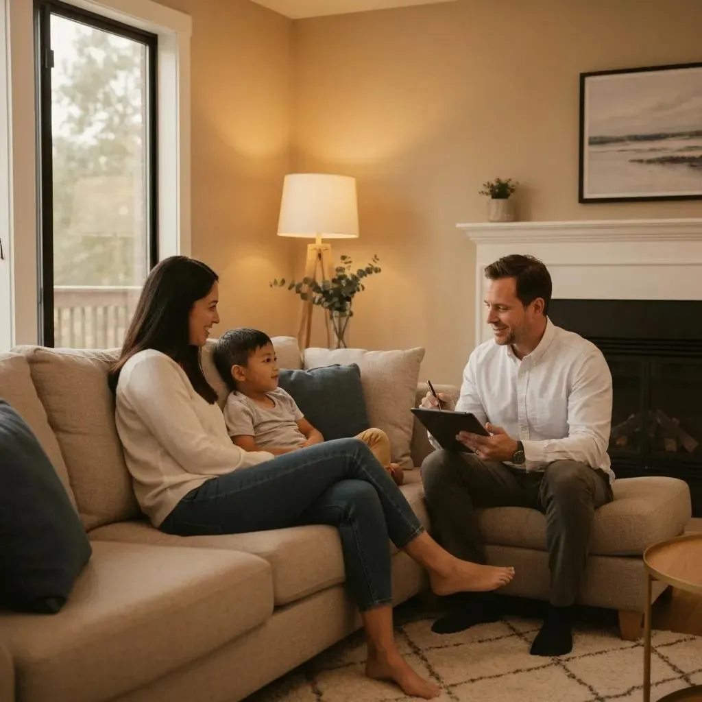 Family discussing financial planning in a cozy living room, highlighting the importance of term life insurance in Vancouver