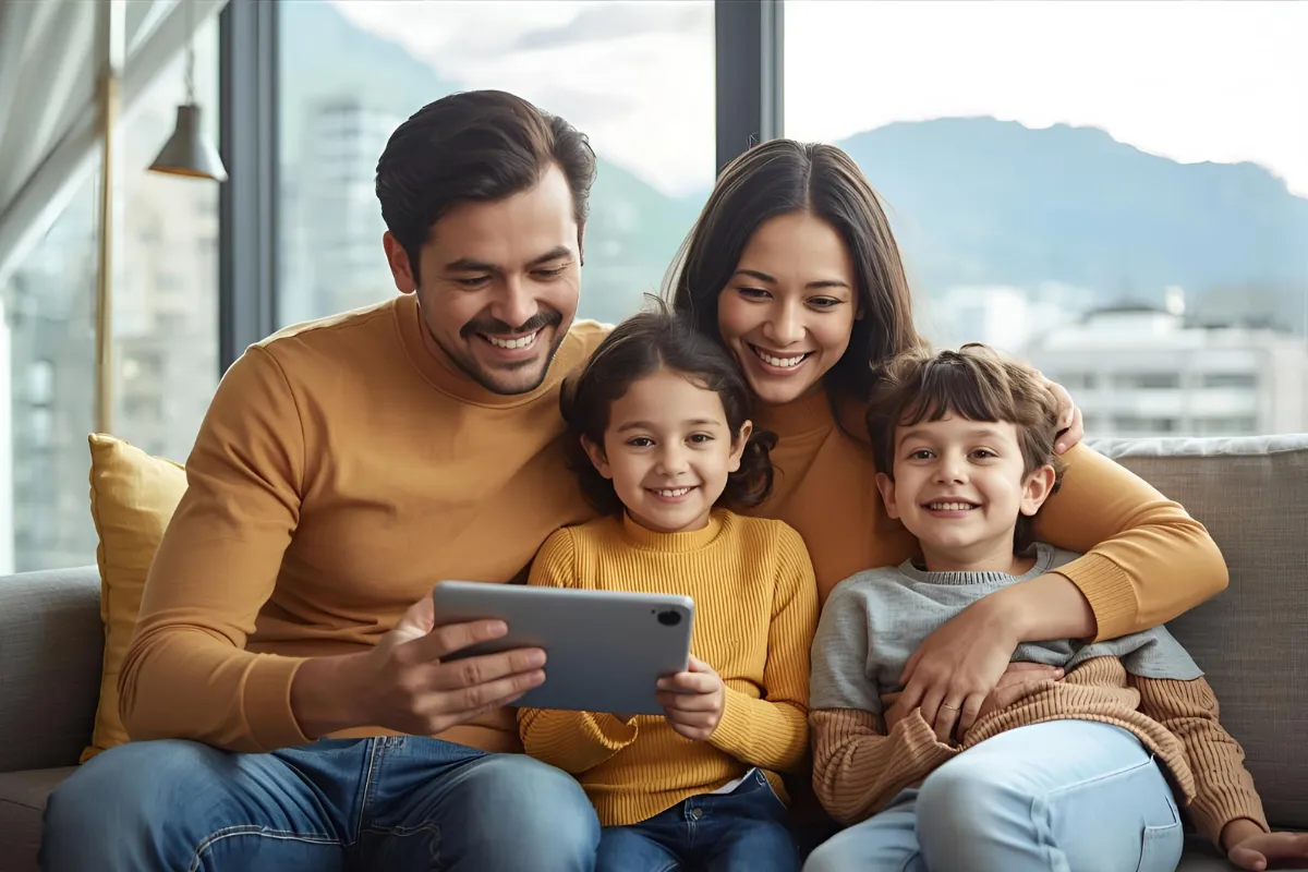 Happy BC family reviewing extended health insurance plans in their Vancouver home