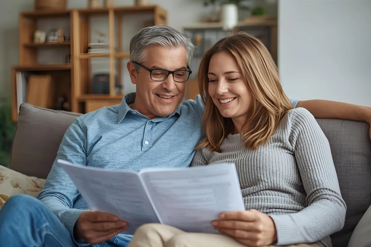A couple reviewing their whole life insurance policy documents while relaxing at home, highlighting the benefits of financial security
