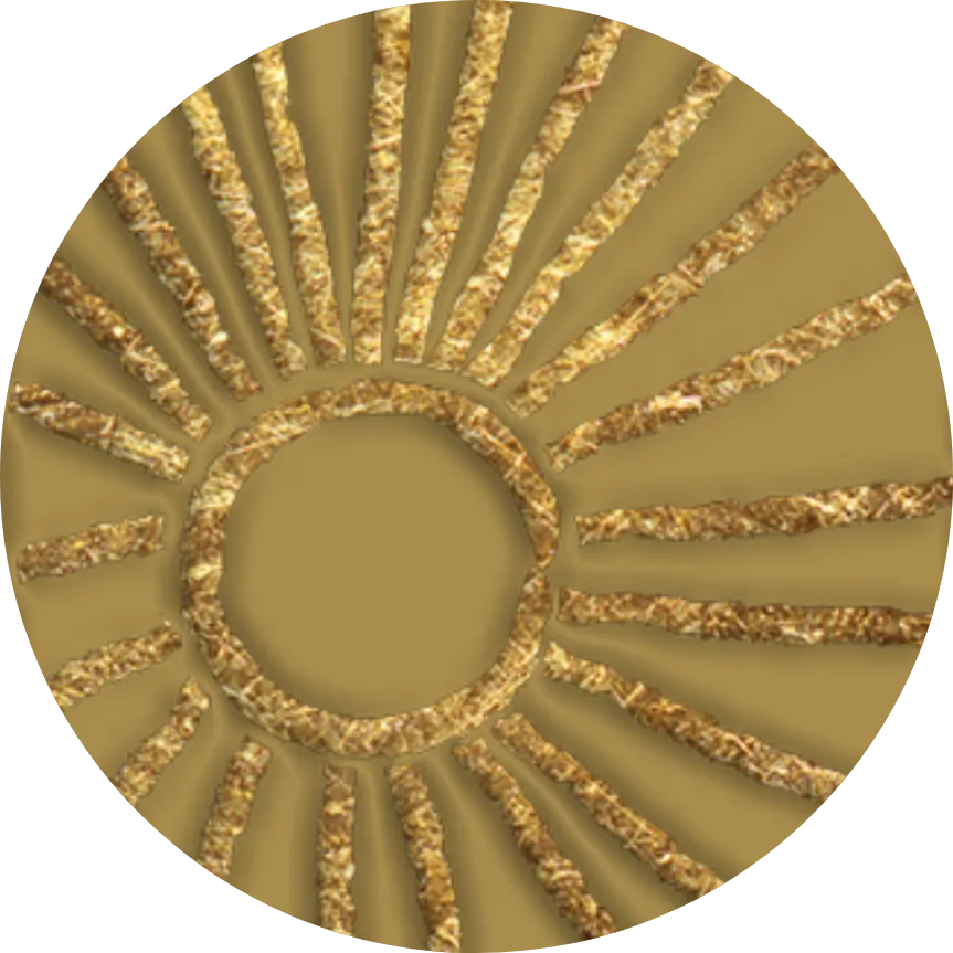 A gold sunburst design with textured rays