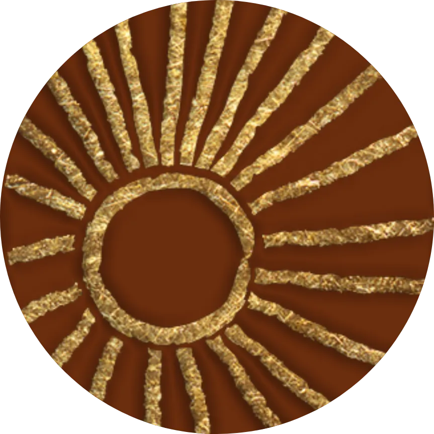 A brown circle features a textured gold sun with rays
