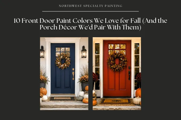 Fall front door paint colors with autumn décor.