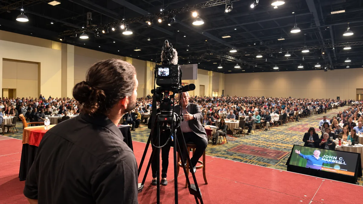 Interactive tech expo workshop with immersive screen displays