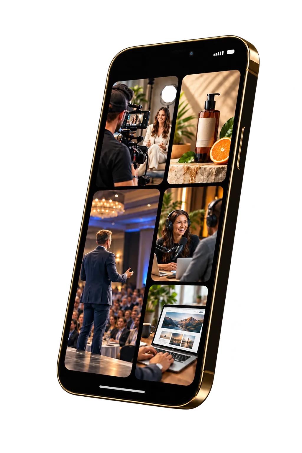 Premium smartphone mockup displaying a curated, high-energy social media feed produced for a client brand