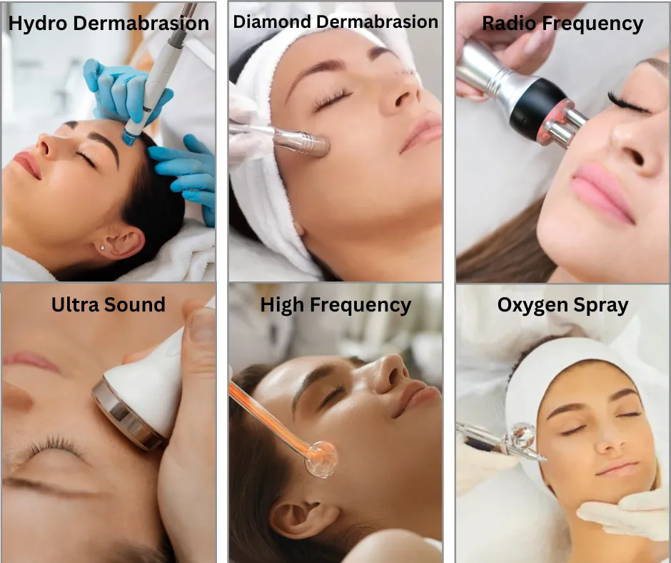 Advanced Hydra Facial, Diamond Dermabrasio, Hydra Dermabasion, Hydro Dermabrasion, Radio Frequency Treatment, Ultra sound treatment, High Frequency Treatment, Oxygen infusion Treatment