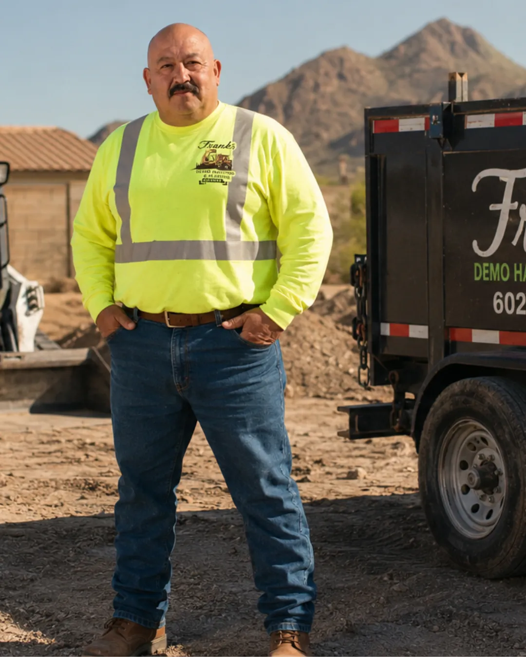 Frank Laureles on a Phoenix job site with a Bobcat loader