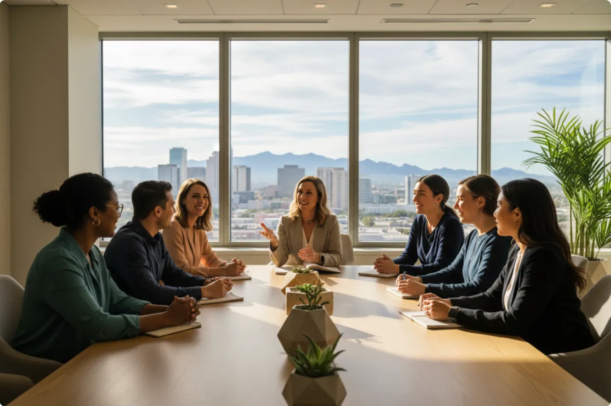 A diverse Phoenix office cohort in a facilitated wellness workshop, seated around a table with a clinician guiding discussion.