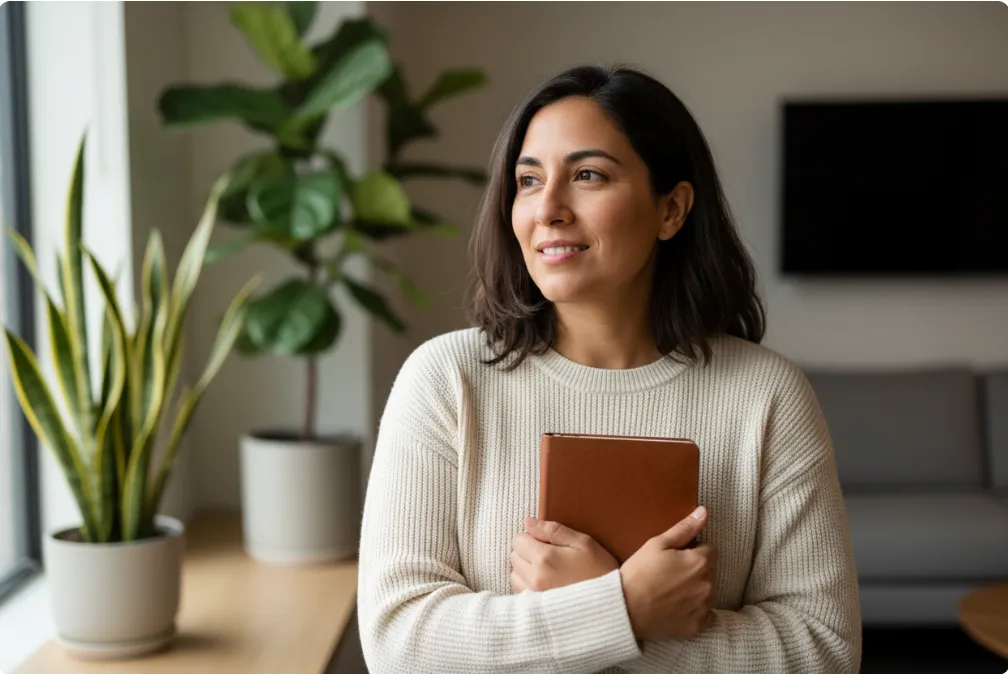 Latina employee in a quiet coworking nook holding a notebook and smiling thoughtfully