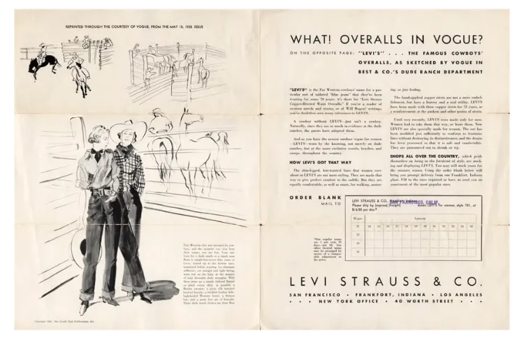 A reprint of a Vogue page from 1935 showing Levi's women's jeans