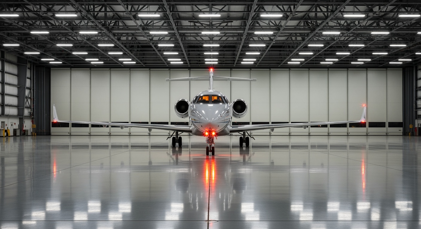 Close-up of a private jet on tarmac at dusk.