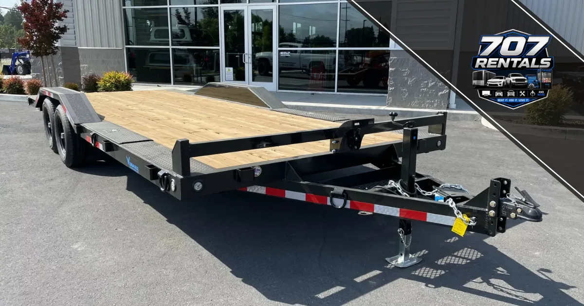 Deckover tilt trailer for skid steer and compact excavator transport at 707 Rentals in Petaluma, California