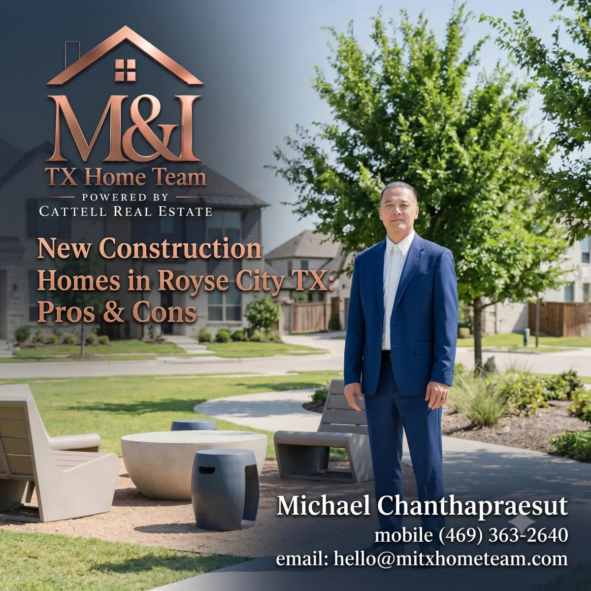 Mark of M&I TX Home Team stands confidently in a modern Royse City TX new construction community common area, wearing a blue suit, with the company logo overlaid