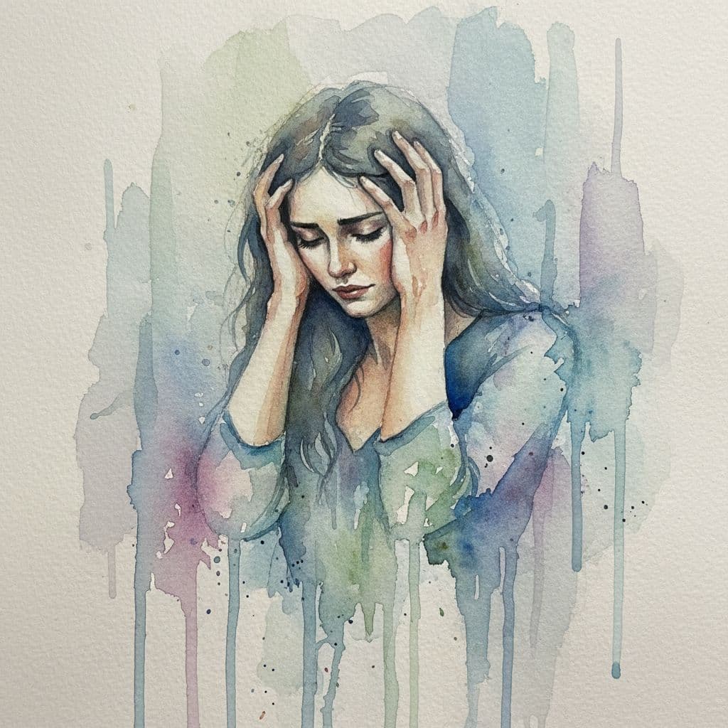 woman holding head in hands