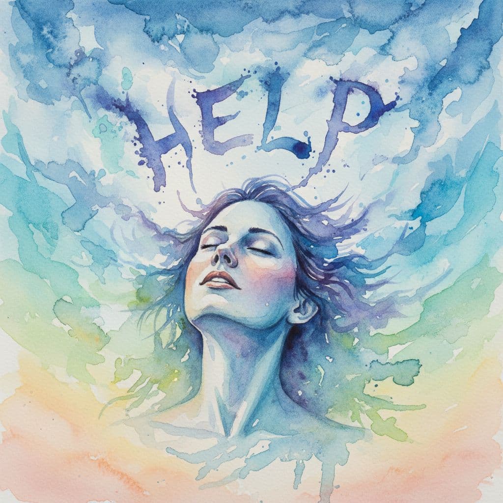 woman looking to sky with help written in sky