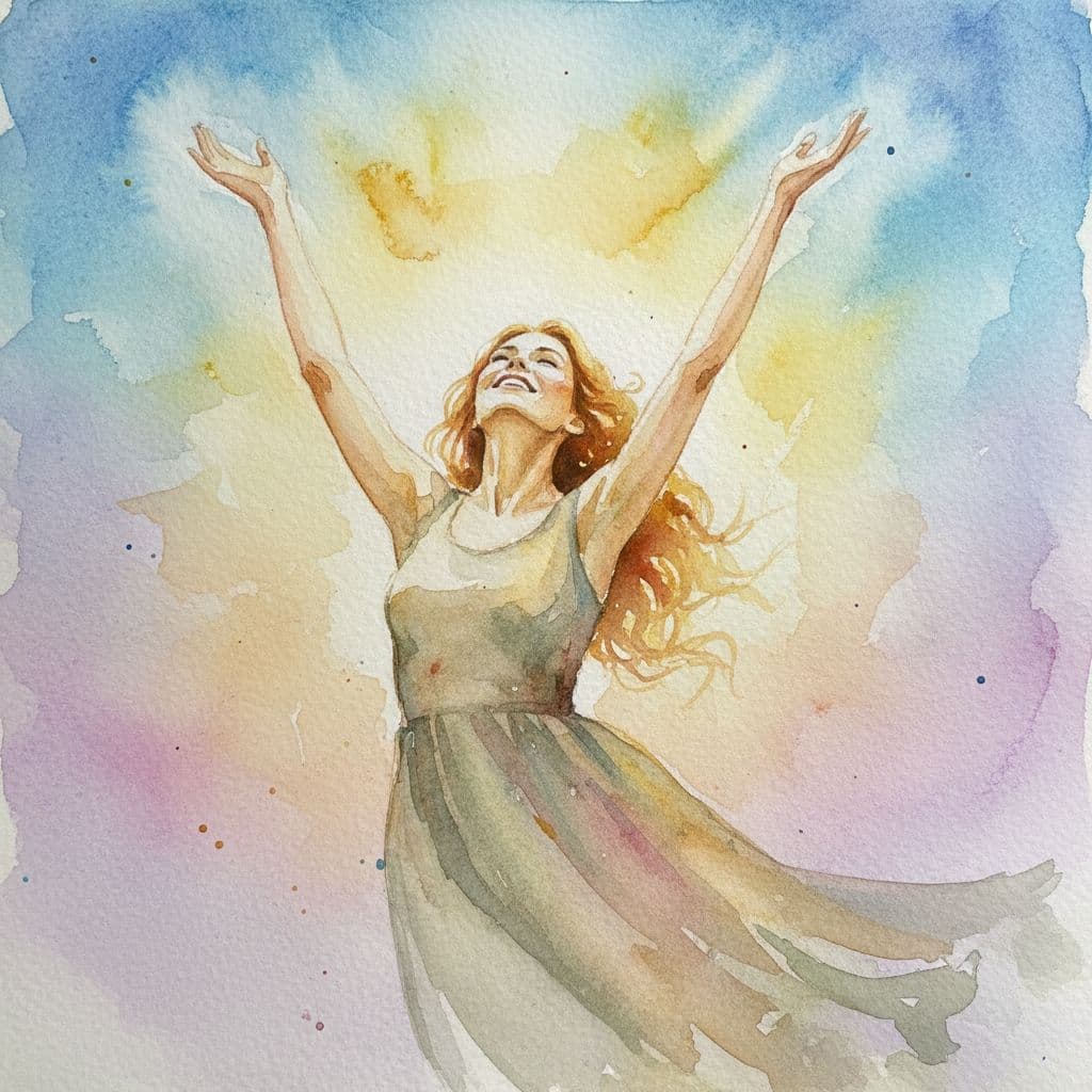 smiling woman with arms lifted to sky