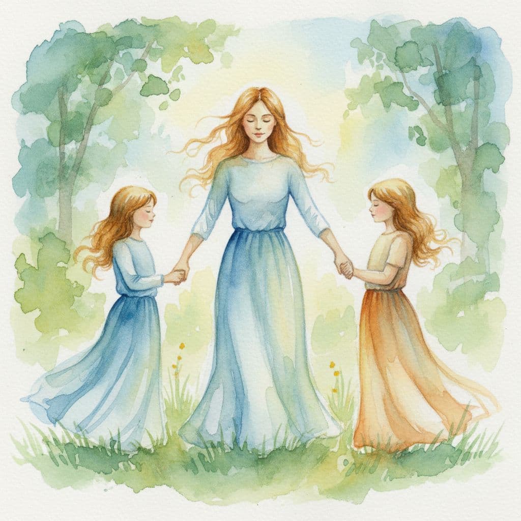 Mum and two children praying together