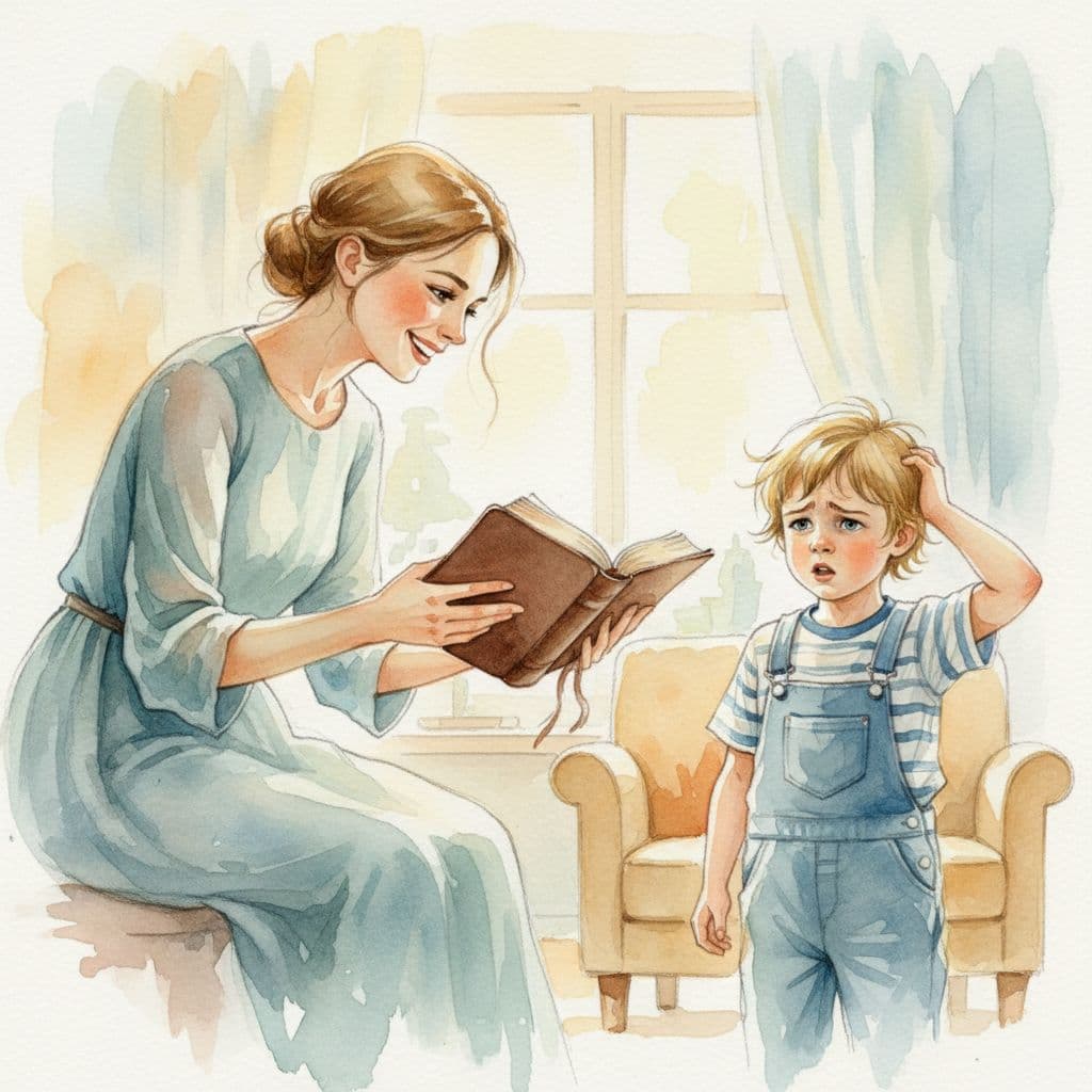 smiling woman reading Bible whilst child is looking confused