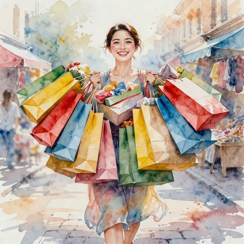 smiling woman holding lots of bags of shopping