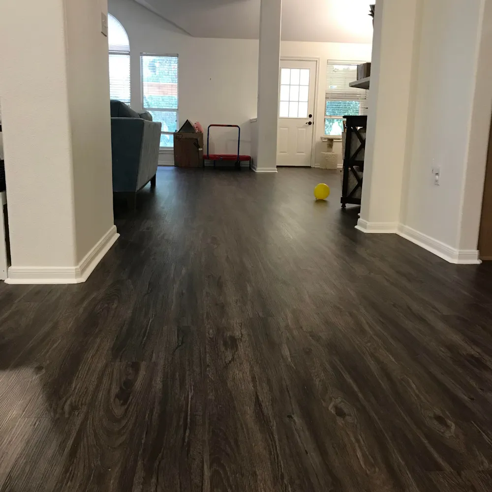 Open living space with dark wood flooring, white walls, a mix of modern furniture, and natural light from large windows, leading to a back door with a small yellow ball on the floor.