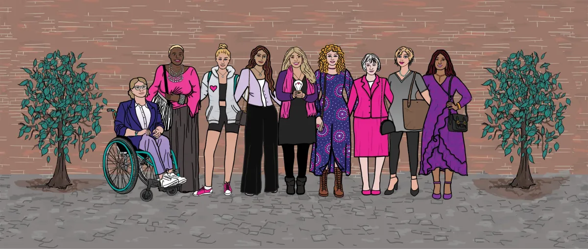Illustration of a diverse group of women standing together in front of a brick wall with two trees on each side, including a woman in a wheelchair, women of different ages, ethnicities, and styles, all wearing outfits with shades of purple and pink.