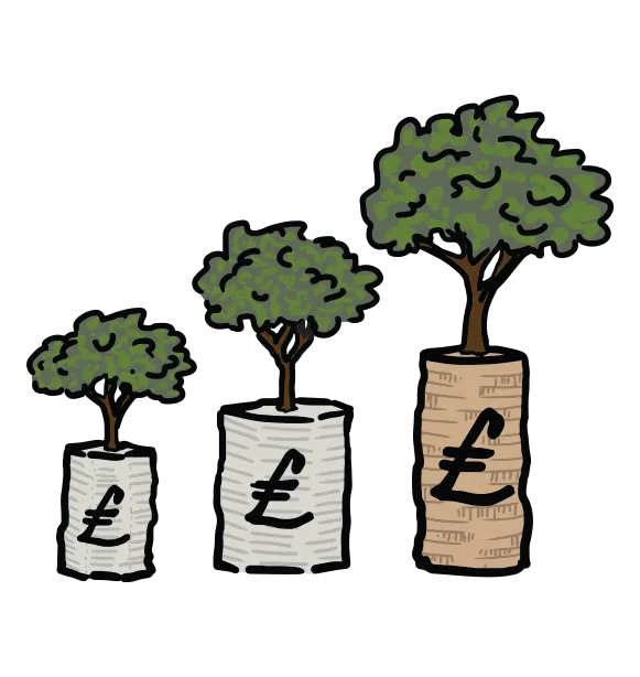 Illustration of three potted plants at different growth stages, representing personal and professional growth.