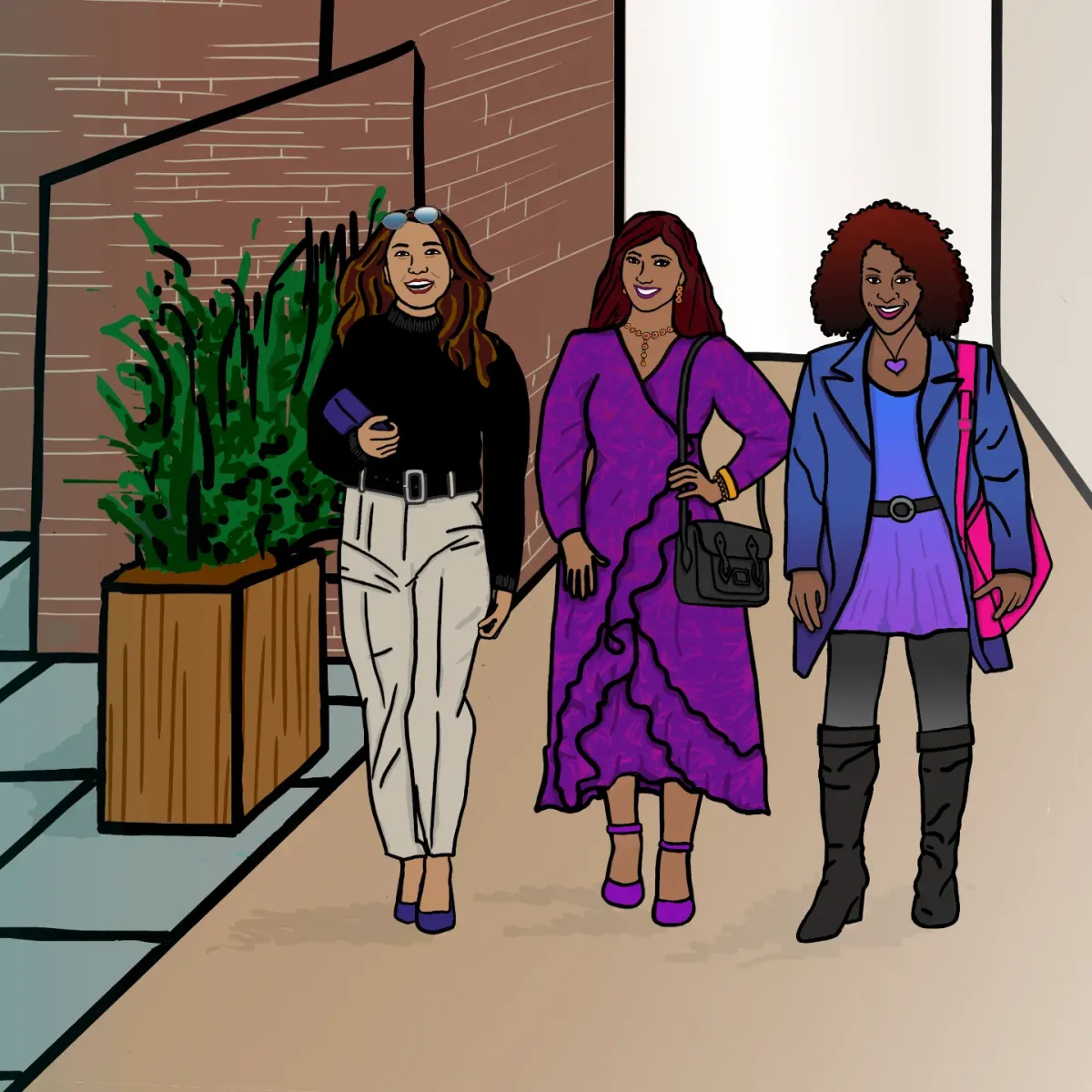 Cartoon illustration of a group of people socializing, representing in-person social gatherings and events.
