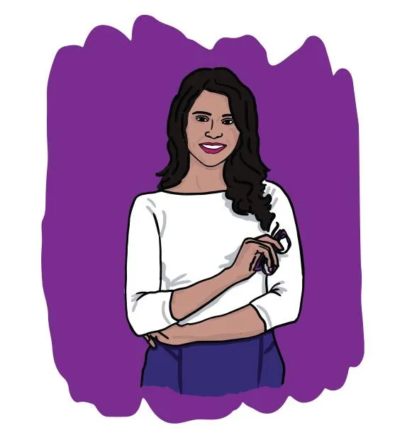 Illustration of a smiling woman with crossed arms, representing self-assurance and positivity.