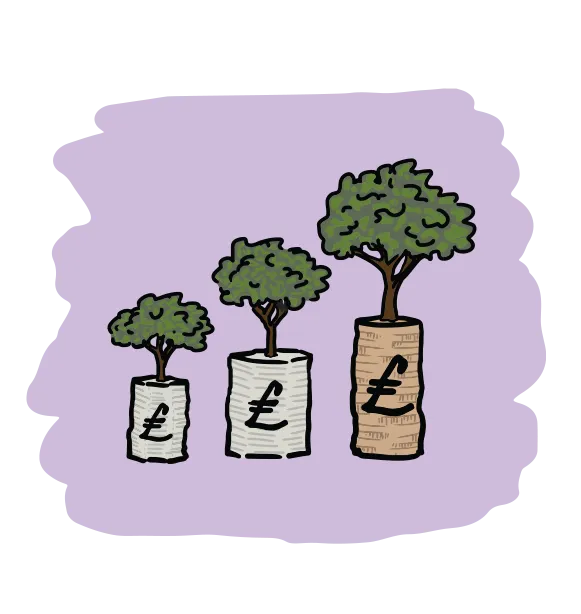 Illustration of three plants in jars, each at different stages of growth, symbolizing progress, nurturing, and profitability.