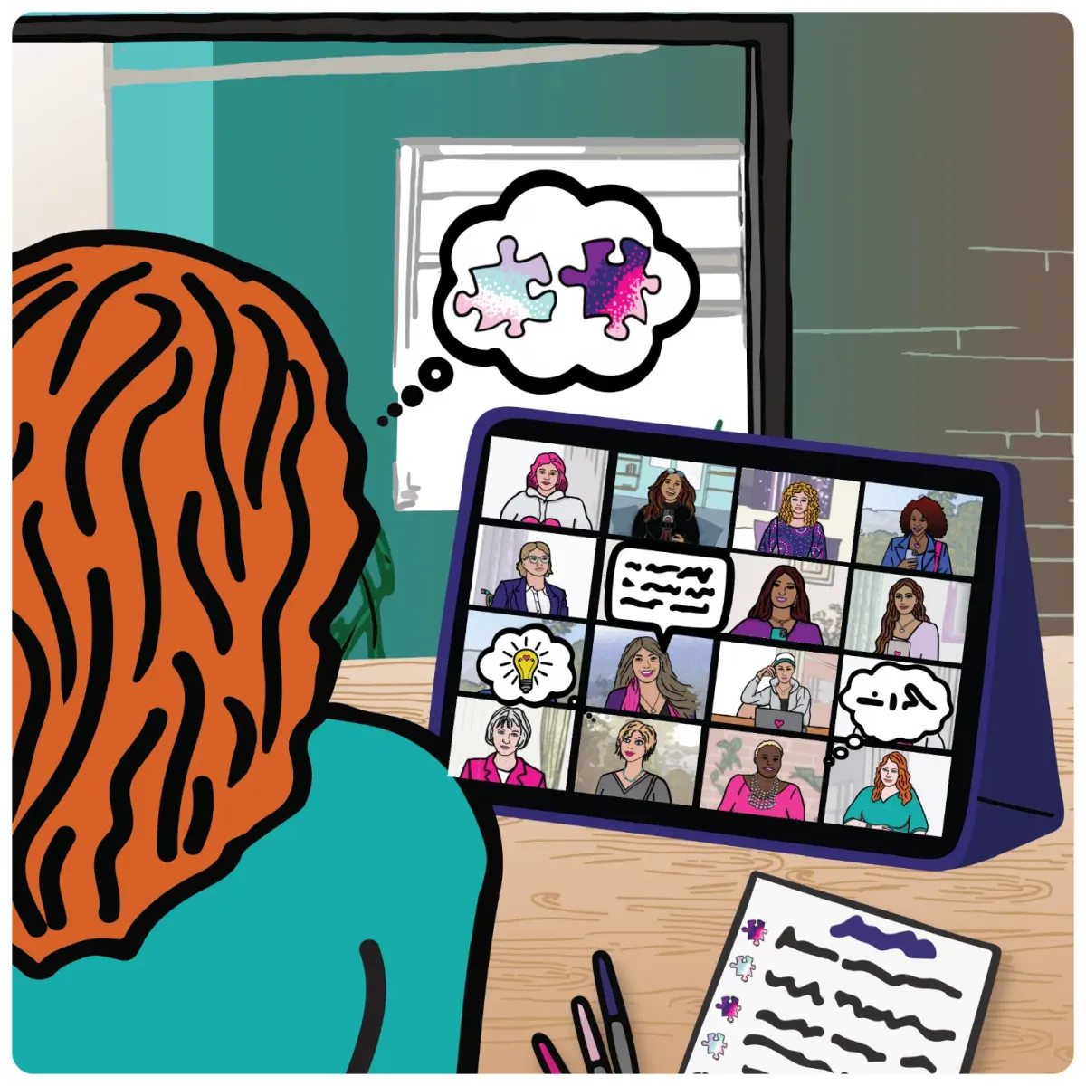 Illustration of a woman leading a virtual networking session with multiple participants displayed on a large screen.
