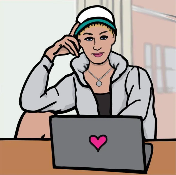 Cartoon illustration of a person in front of a laptop with a headset, symbolizing monthly online Zoom meetups