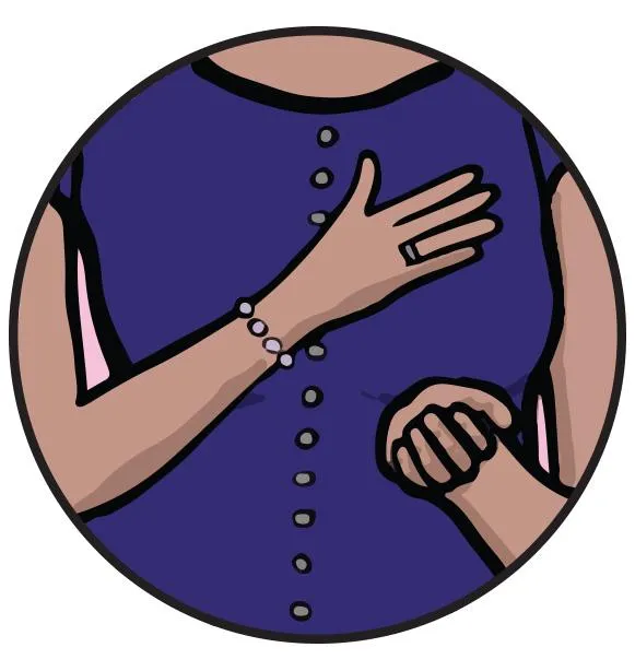 Purple circular icon of two women in conversation, symbolizing honesty, compassion, and guidance.