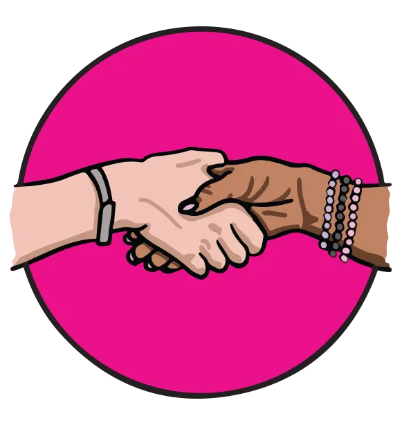 Pink circular icon of two hands shaking, symbolizing connection, support, and collaboration.