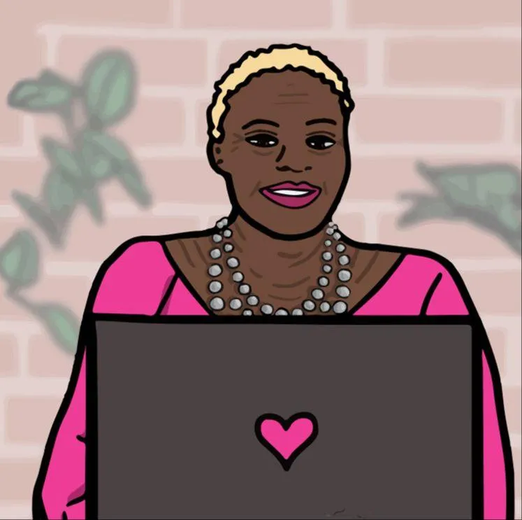 Illustration of a woman with short blonde hair wearing a pink top, working on a laptop with a heart icon.