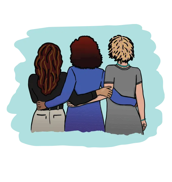 Illustration of two women sitting together, symbolizing community, connection, and friendship.