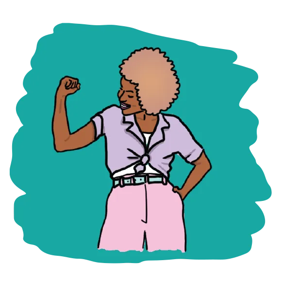 Illustration of a confident woman with a raised fist, symbolizing empowerment and shared knowledge.