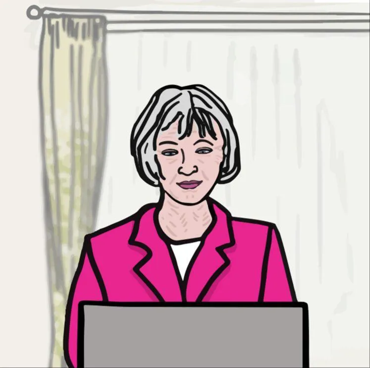 Illustration of a woman with short grey hair wearing a pink blazer, working on a laptop.