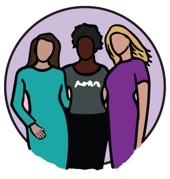 Illustration of three diverse women standing together, representing community and support.