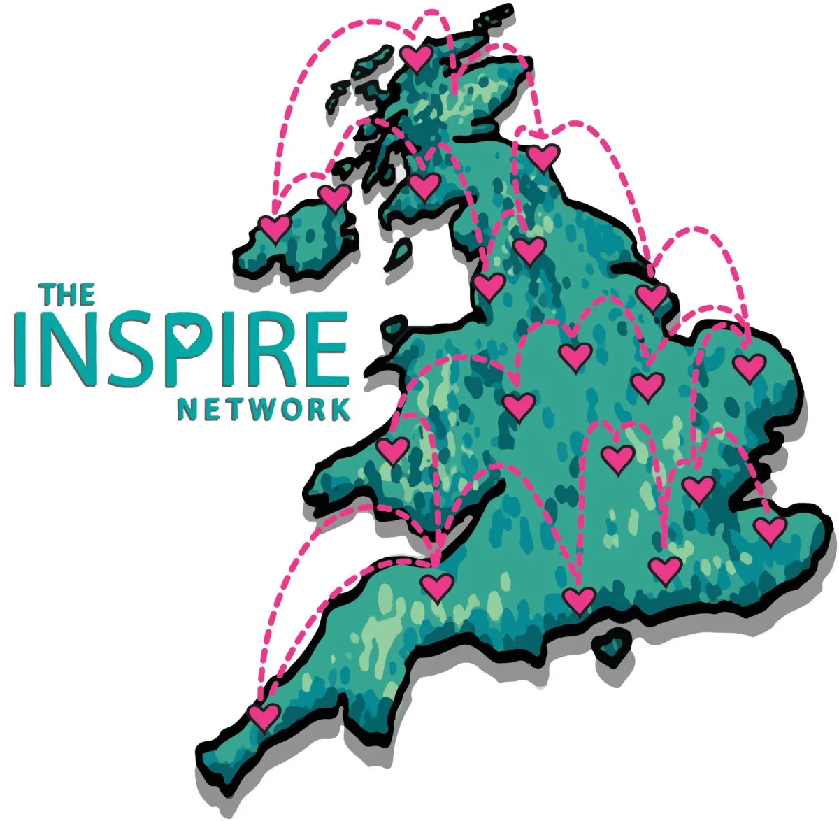 Illustrated map of the United Kingdom with pink hearts and connection lines, featuring The Inspire Network logo.