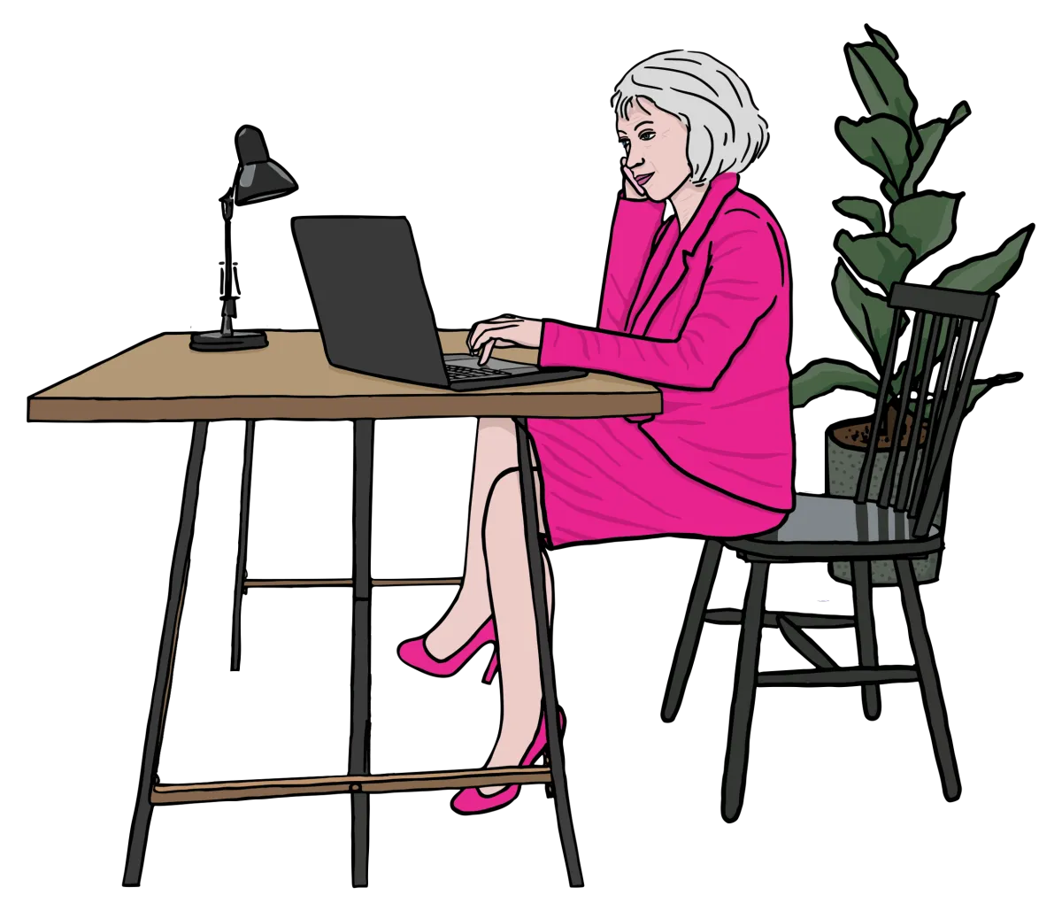 Illustration of a woman with short grey hair wearing a pink suit, working on a laptop at a desk with a plant in the background.