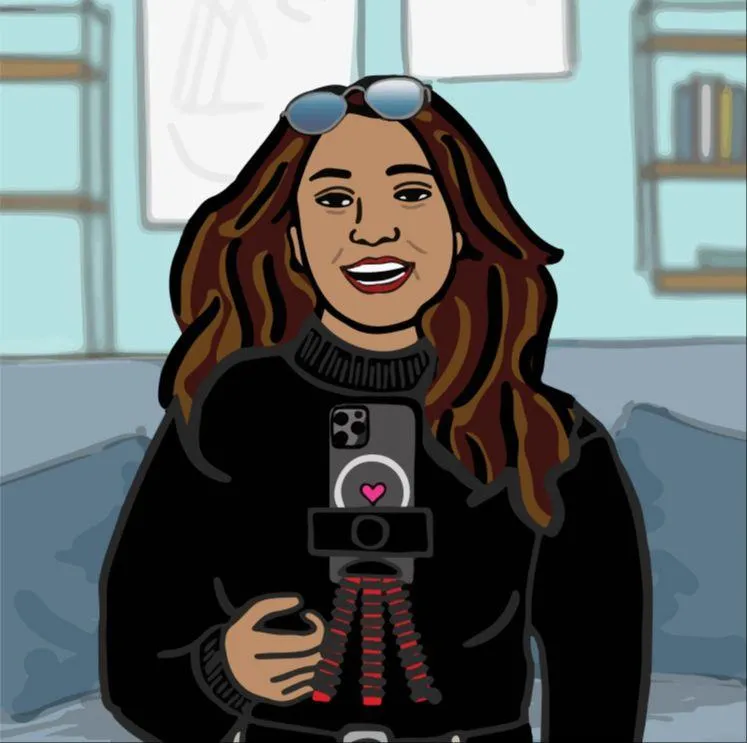 Illustration of a woman with long brown hair holding a camera on a tripod, smiling.
