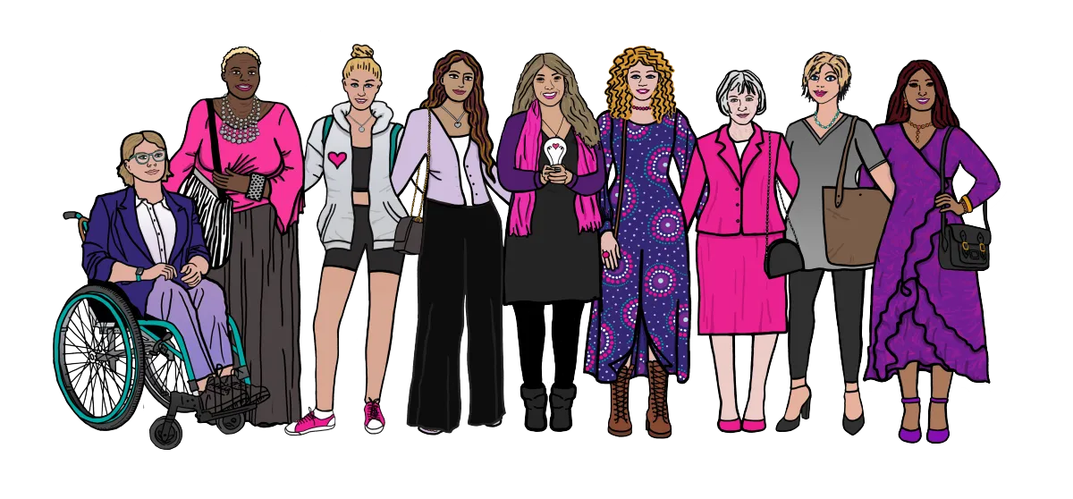 Illustration of diverse women entrepreneurs, including a woman in a wheelchair, standing together with the text "Heart-Led Connection. Purpose-Driven Growth. Increase your income and impact.