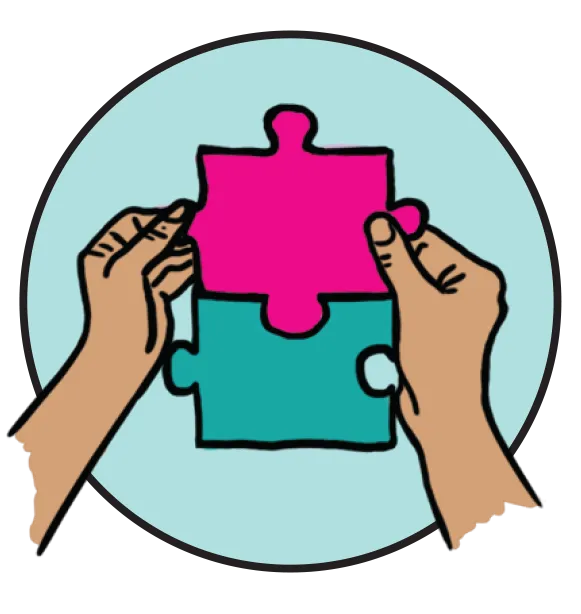 Illustration of two hands holding a pink puzzle piece, symbolizing connection and collaboration.