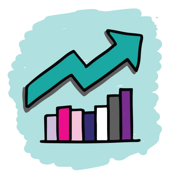 Illustration of an upward-trending graph with bars, representing business growth and success.