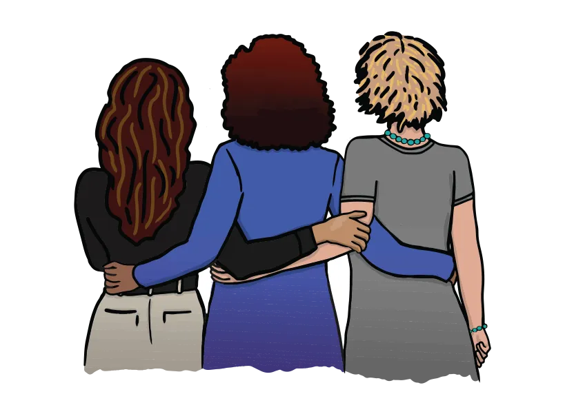 Illustration of three women standing together, representing friendship and connection at The Inspire Network.