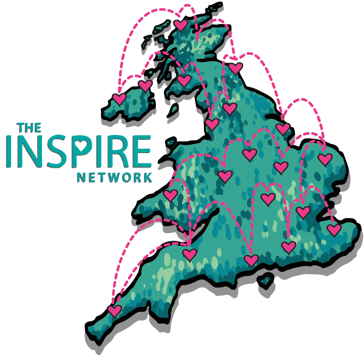 Illustrated map of the United Kingdom with pink hearts and connection lines, featuring The Inspire Network logo.