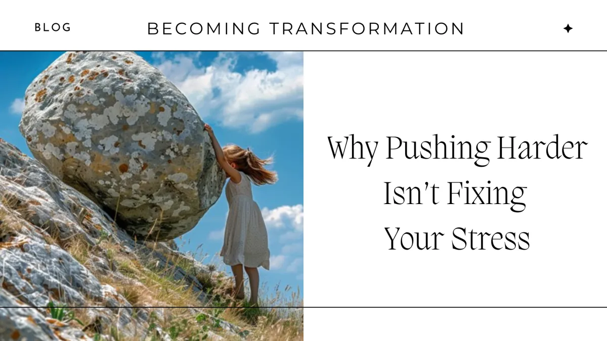 girl trying to push a boulder uphill
