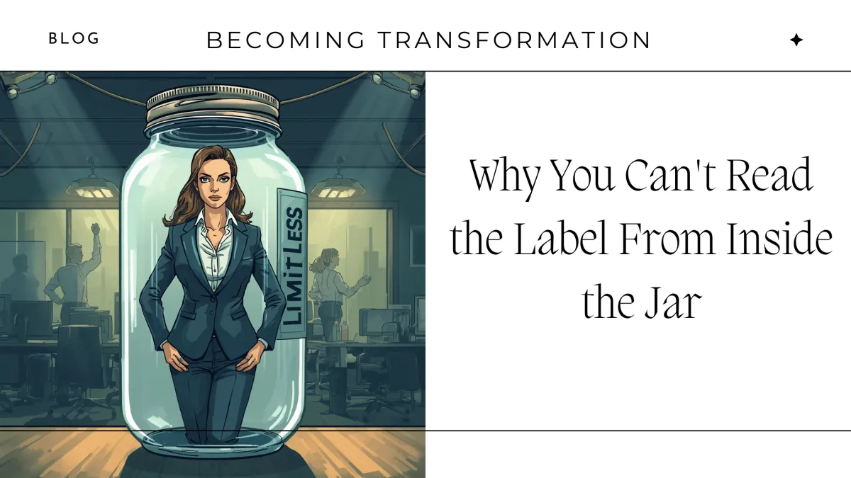 A woman looking thoughtfully through a glass jar, symbolizing self-awareness, perspective, and the value of seeing beyond personal blind spots.