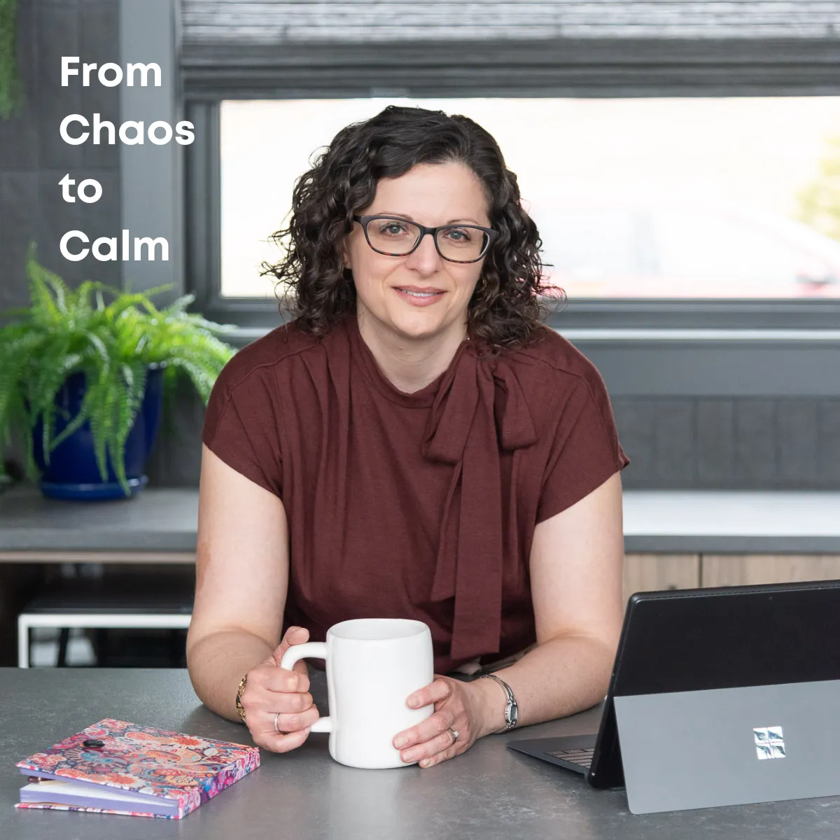 Elaine is pictured with a coffee cup and a caption that says "From Chaos to Calm"