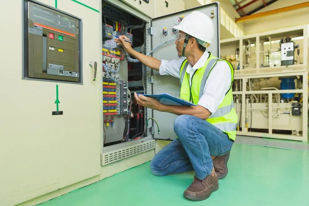 ETS technician inspecting and troubleshooting an industrial generator control panel inside a facility